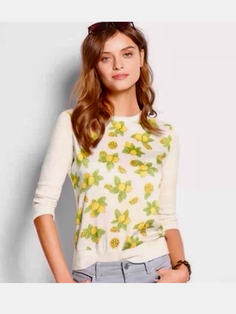 Ann Taylor Cream Sweater with Yellow & Green Floral Print
